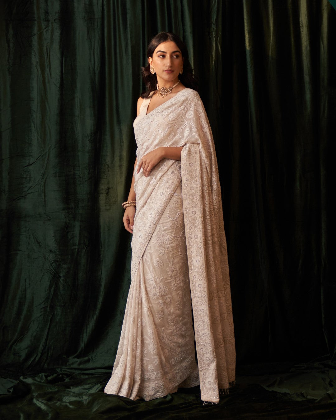 Ivory Georgette Saree with jaali-phal awadhi motifs