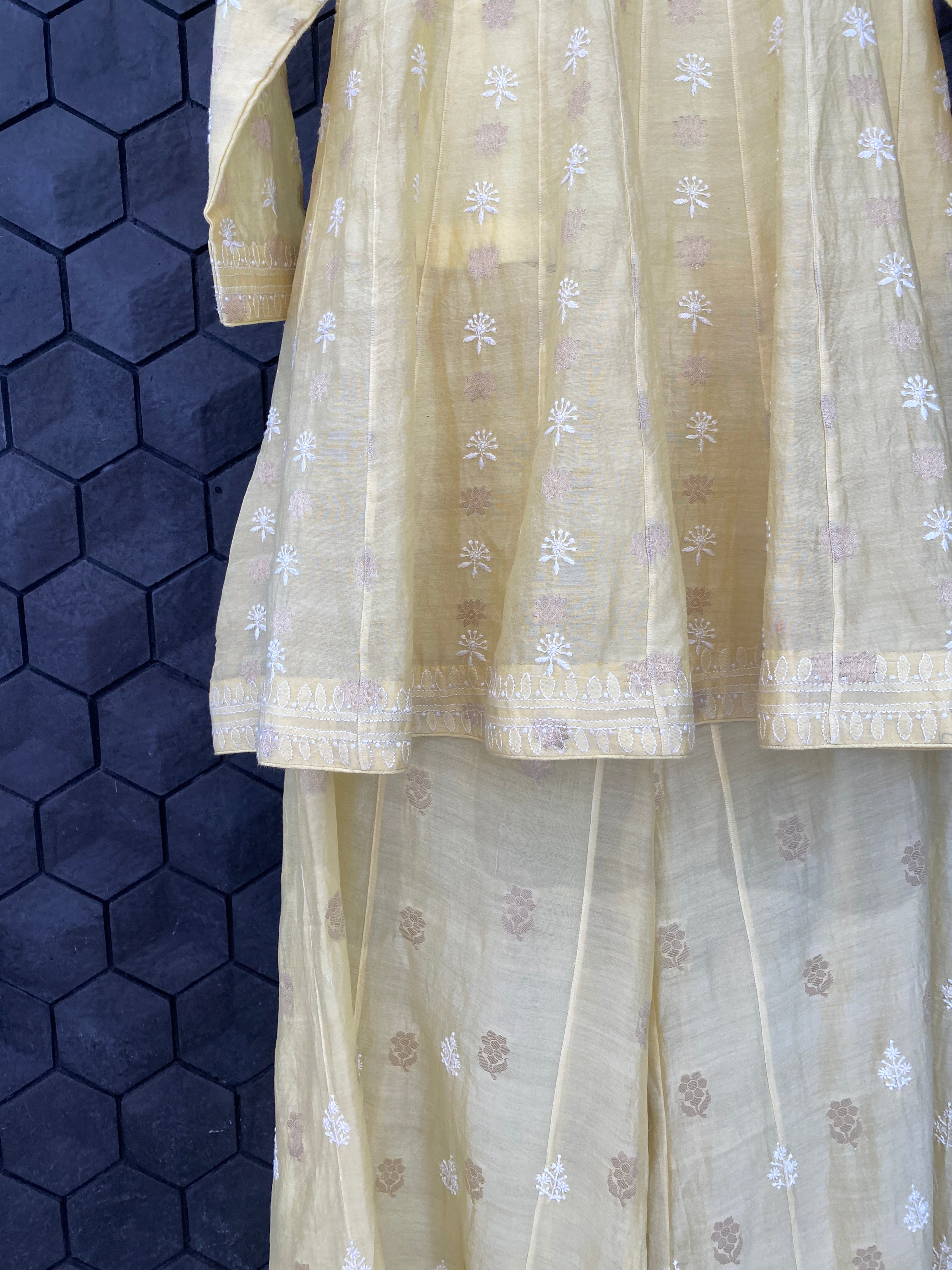 Yellow chanderi chikankari Co-ord sets