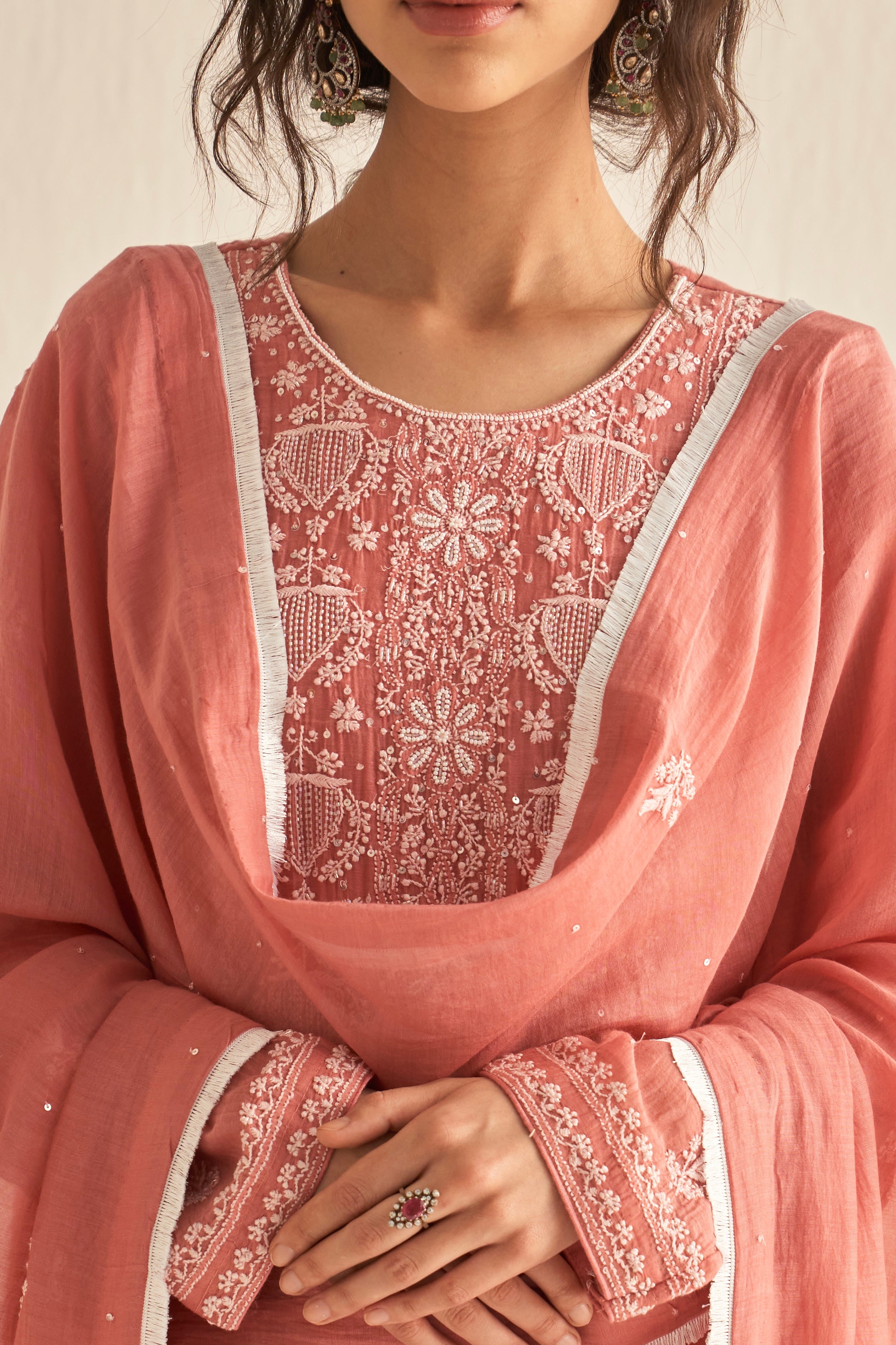 Pink mul chanderi chikankari straight kurta set