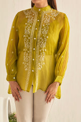 Lime green organza shirt with chikankari