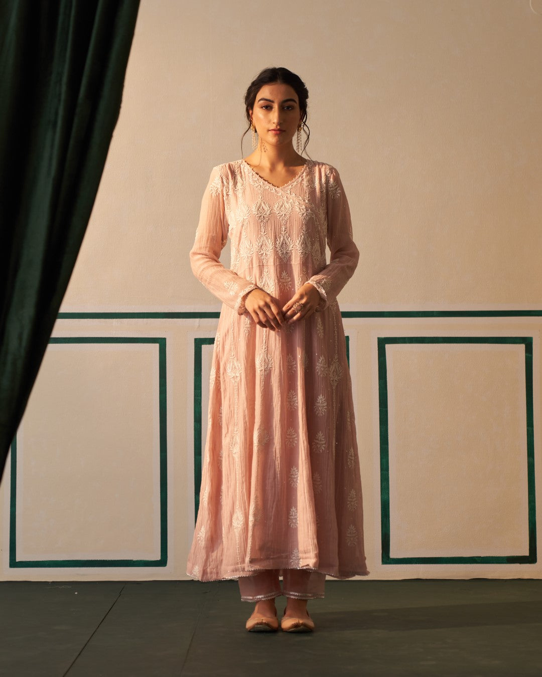 Pink Chikankari Mul Chanderi Anarkali