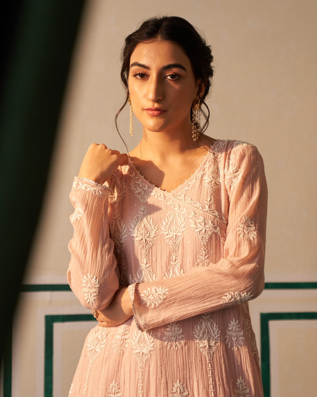 Pink Chikankari Mul Chanderi Anarkali