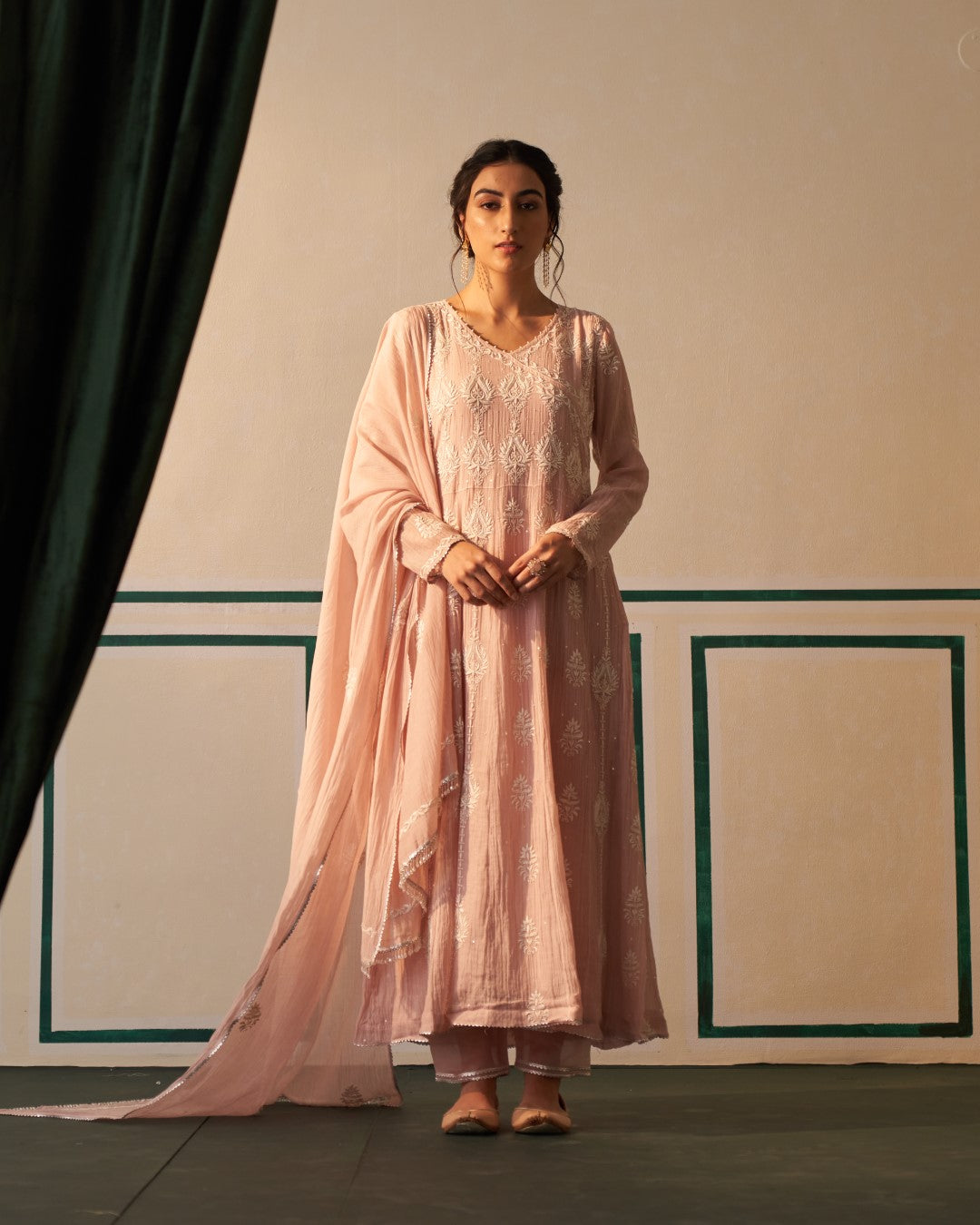 Pink Chikankari Mul Chanderi Anarkali