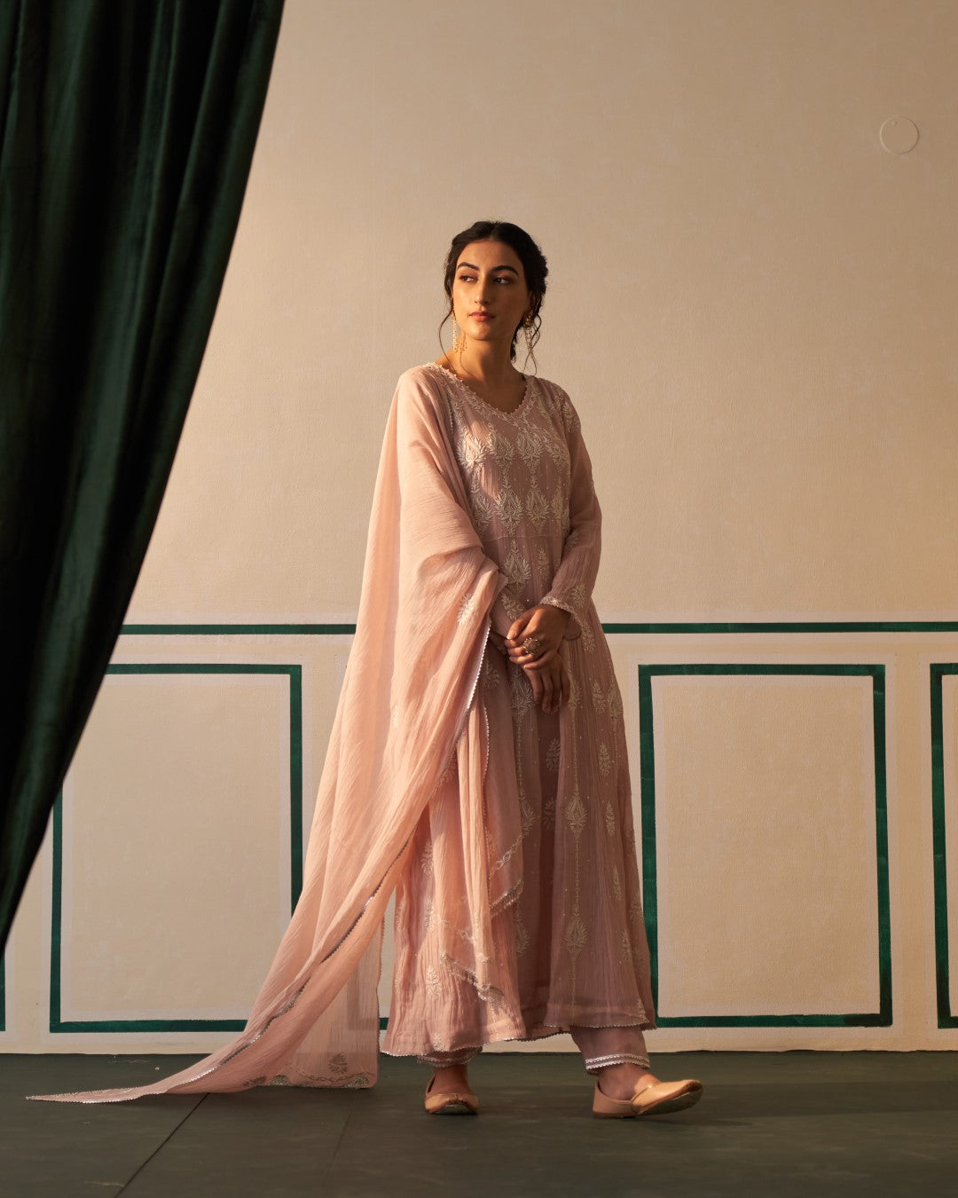 Pink Chikankari Mul Chanderi Anarkali