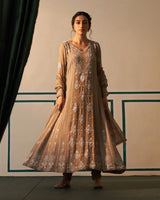 Grey Tissue Anarkali with heavy front and back pearl work and Chikankari