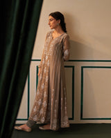 Grey Tissue Anarkali with heavy front and back pearl work and Chikankari
