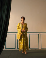 Lime Green Chanderi Silk Angarkha Anarkali with heavy front work