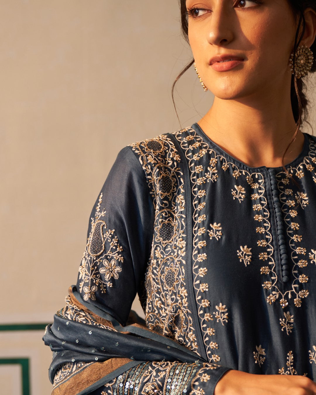 Cobalt Blue Chanderi Anarkali with heavy front and back jali work