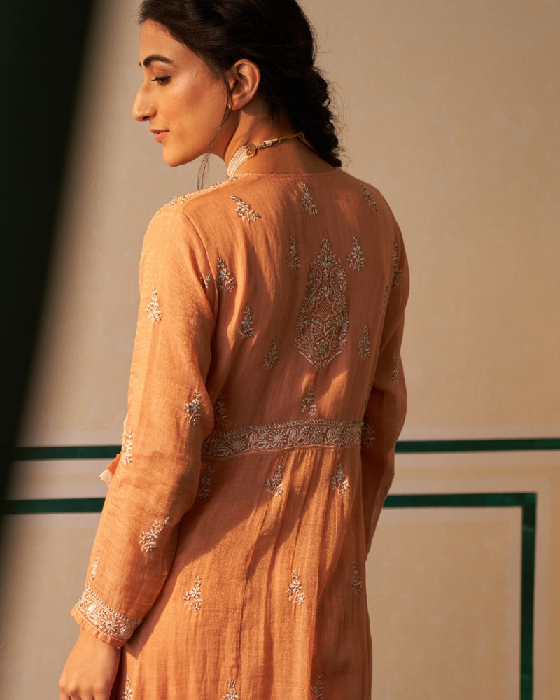 Peach Tissue Angarkha Anarkali with heavy front and back work