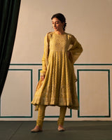 Lime Green Chanderi Anarkali with heavy front and back work