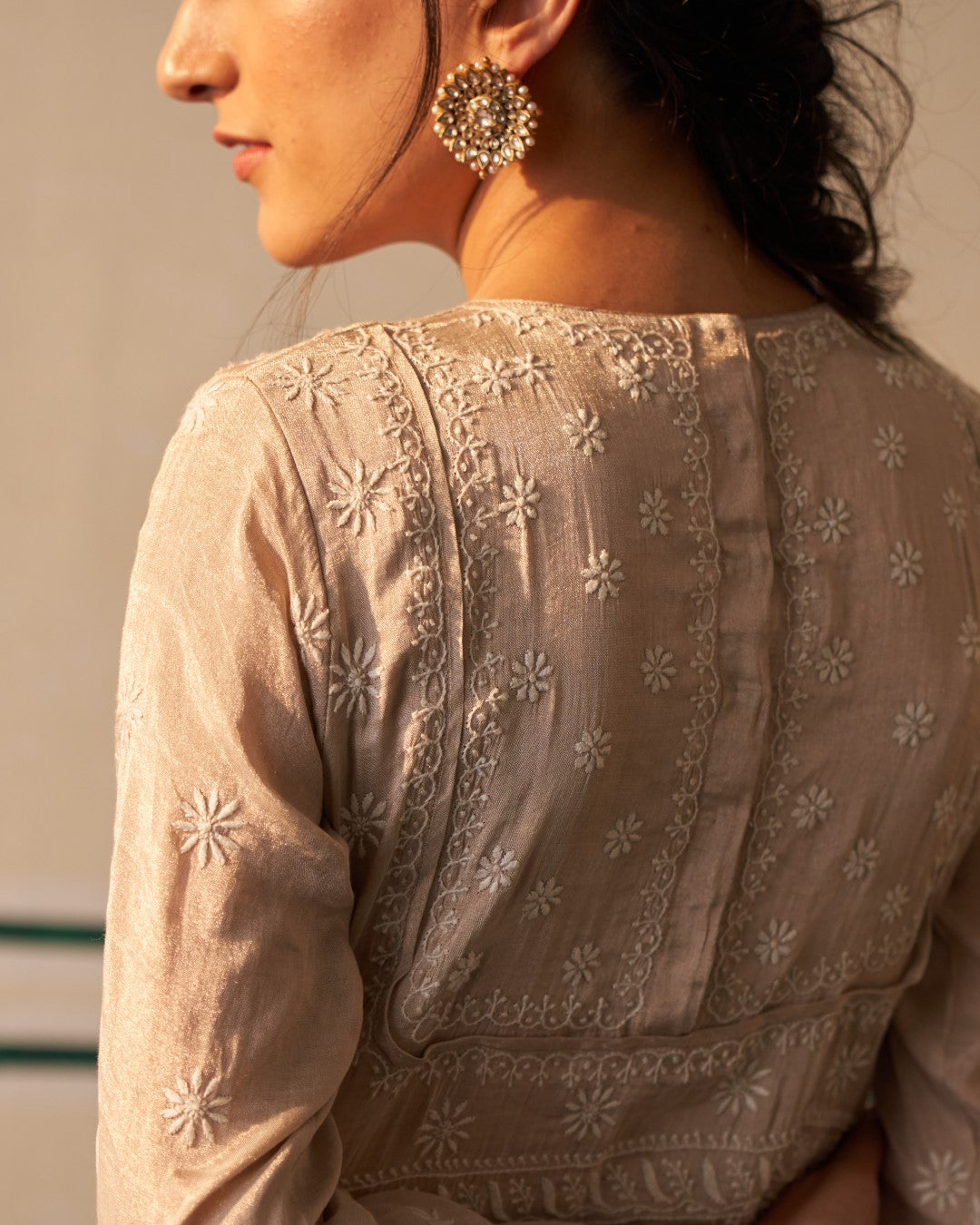 Silver Tissue Chanderi Anarkali with detailed chikankari work