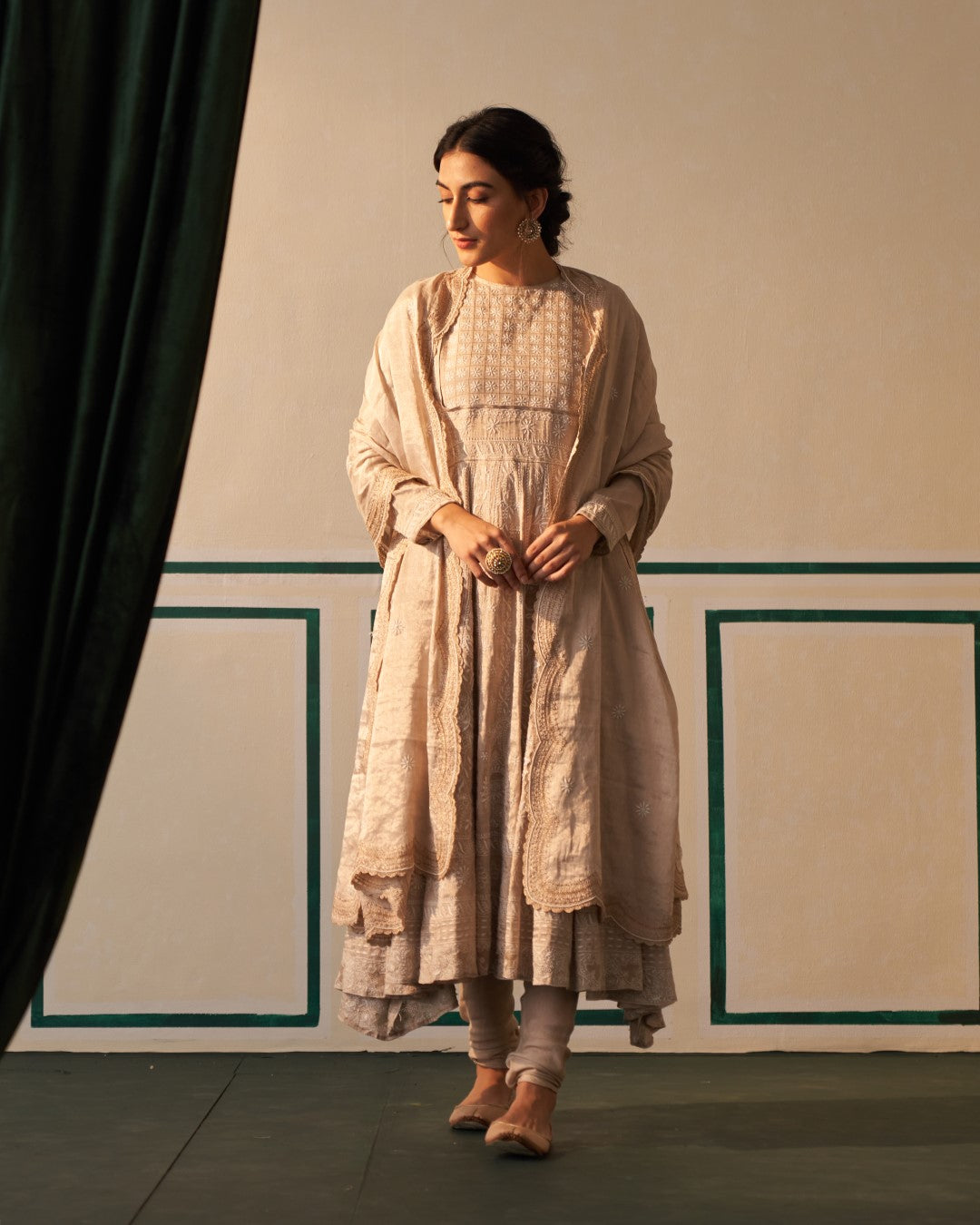 Silver Tissue Chanderi Anarkali with detailed chikankari work