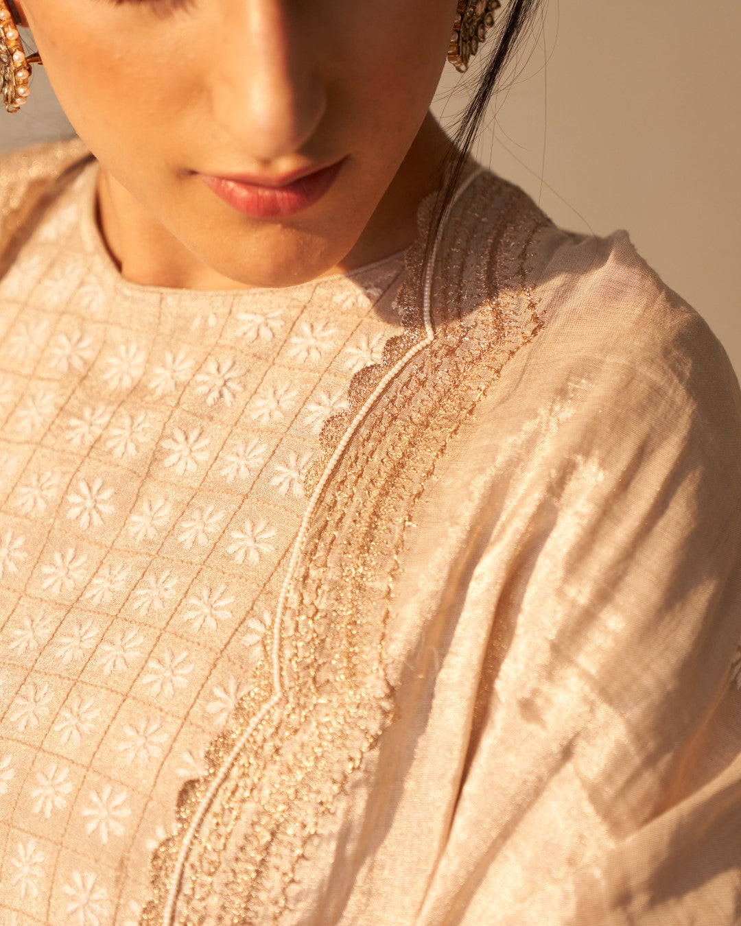 Silver Tissue Chanderi Anarkali with detailed chikankari work