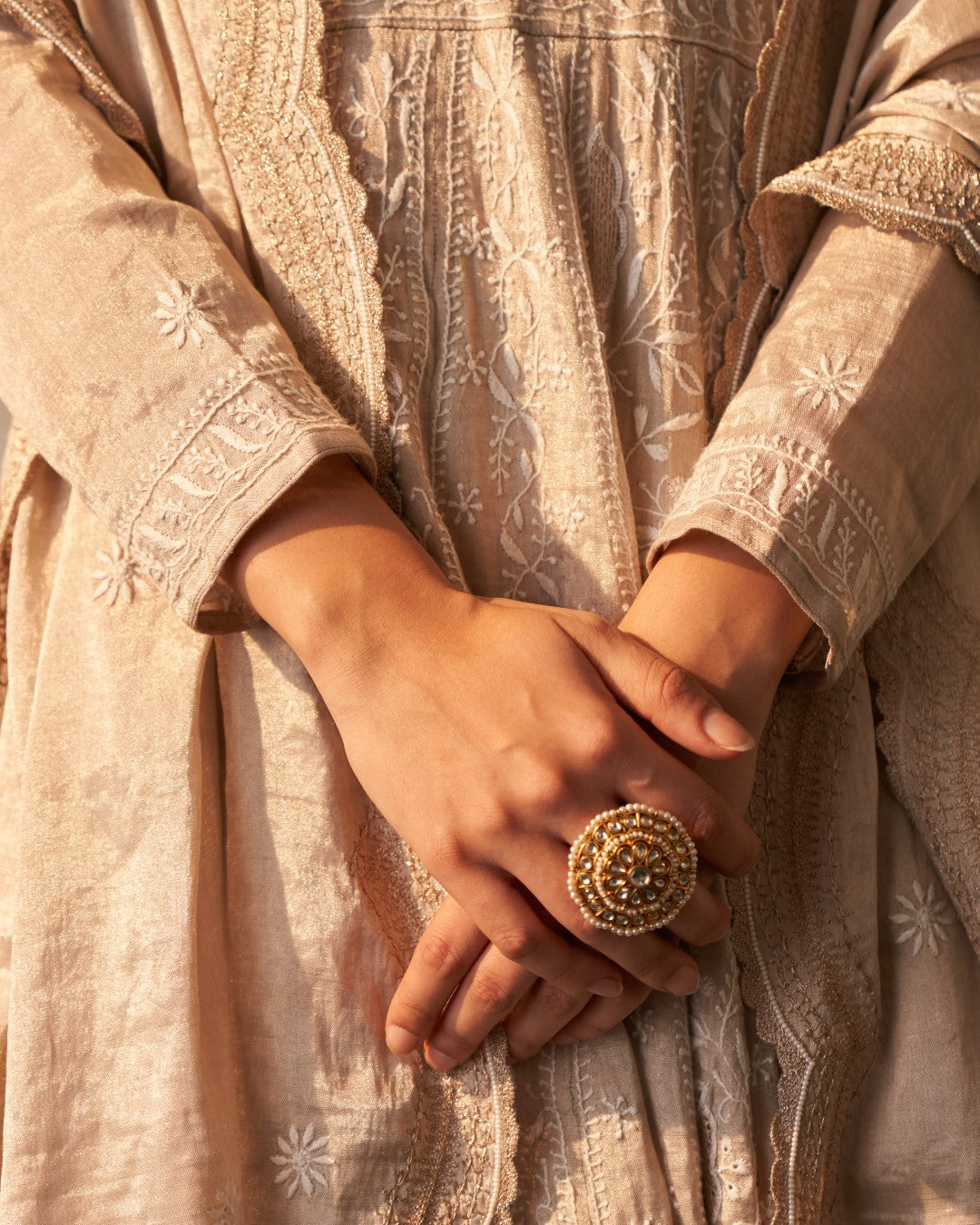 Silver Tissue Chanderi Anarkali with detailed chikankari work