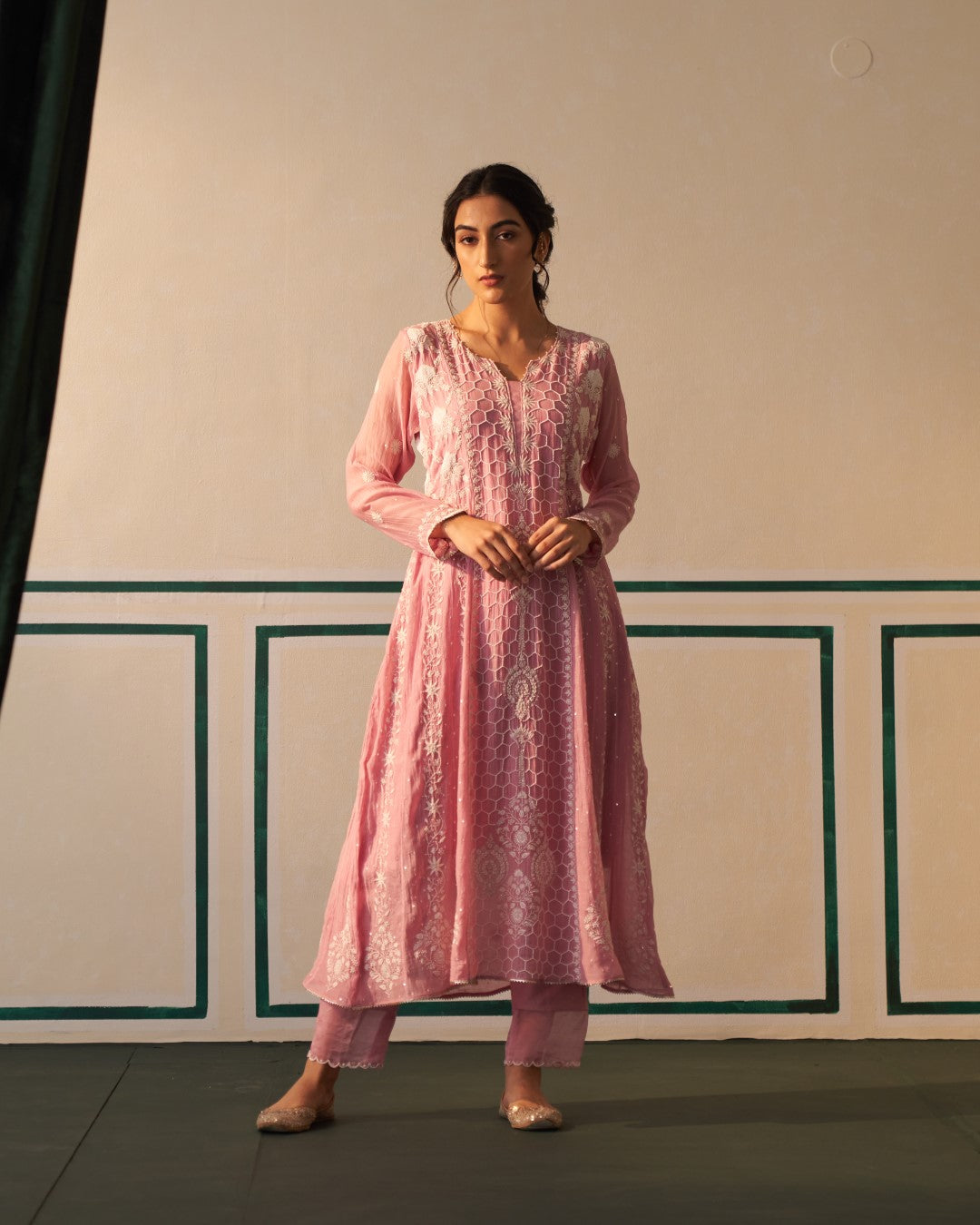 Pink Chanderi Honeycomb Anarkali with heavy front and back work