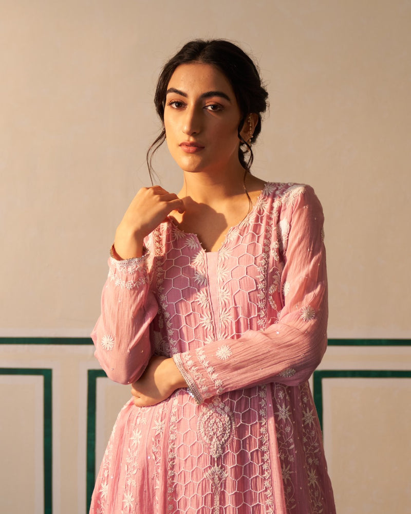 Pink Chanderi Honeycomb Anarkali with heavy front and back work