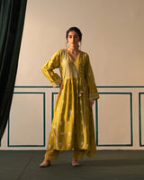 Lime Green Chanderi Silk Angarkha Anarkali with heavy front work