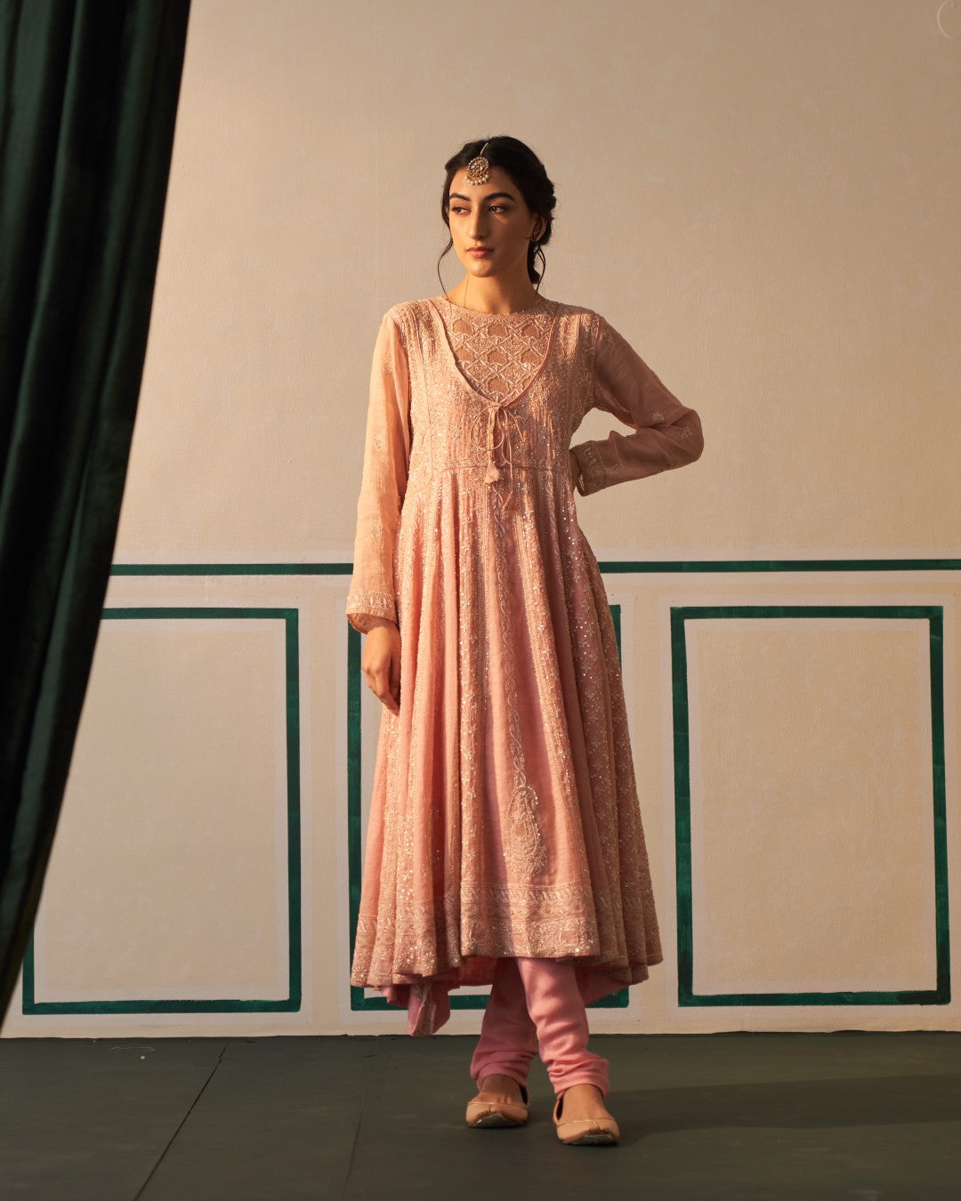 Pink Tissue Anarkali with heavy front and back work