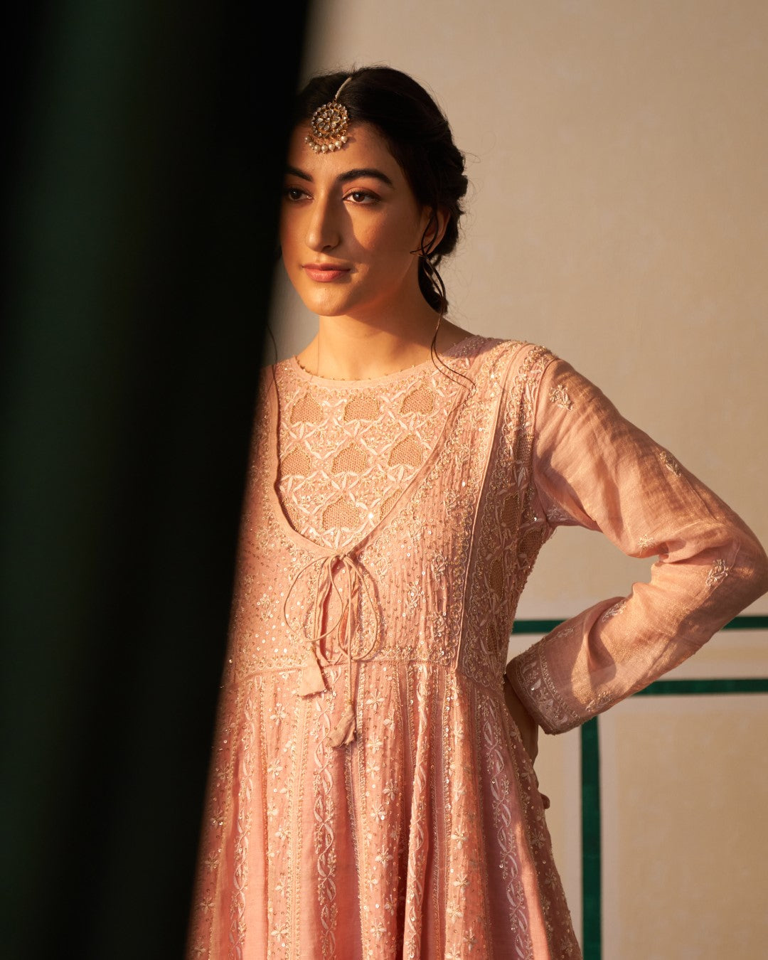 Pink Tissue Anarkali with heavy front and back work