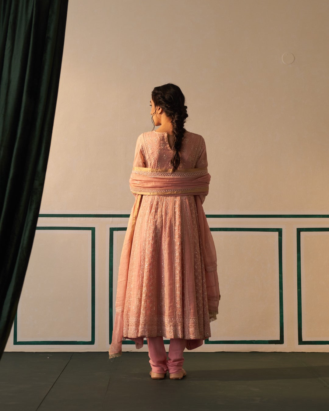 Pink Tissue Anarkali with heavy front and back work