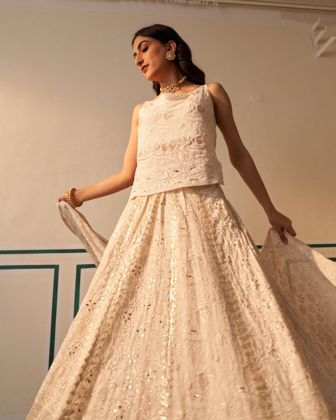 Ivory Organza chikankari lehenga set