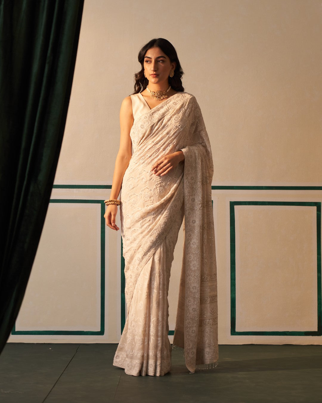 Ivory Georgette Saree with jaali-phal awadhi motifs