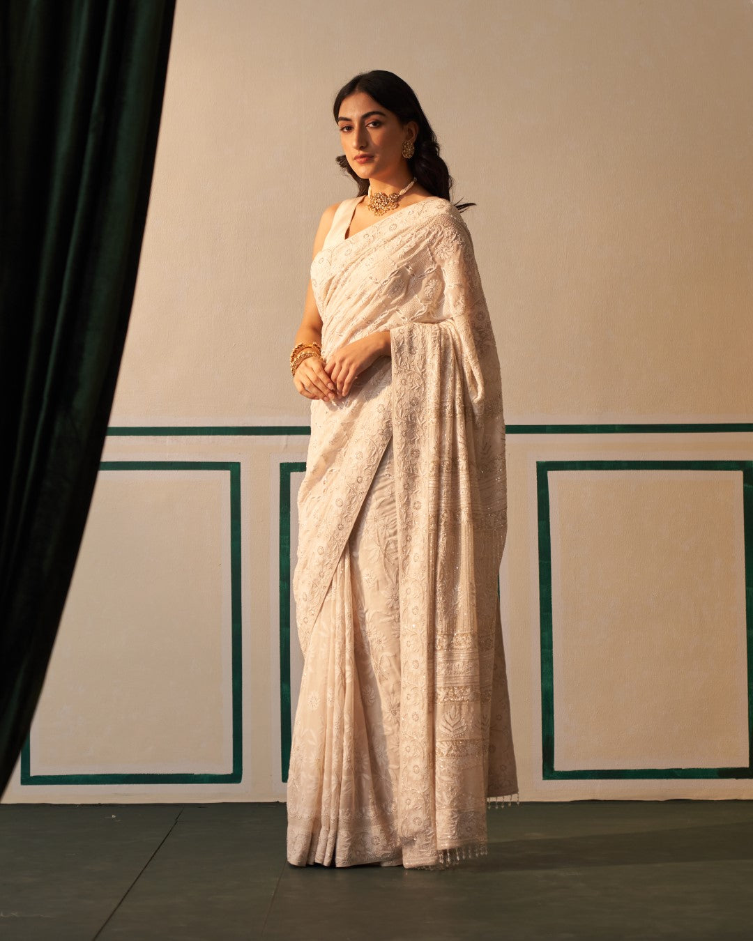 Ivory Georgette Saree with jaali-phal awadhi motifs