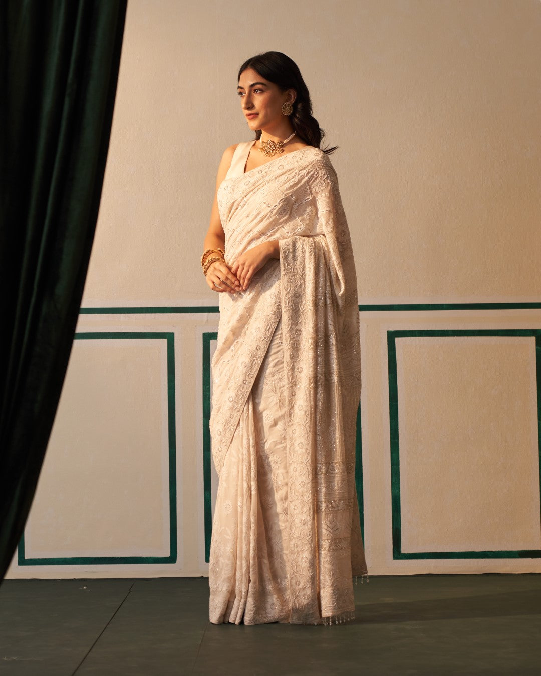 Ivory Georgette Saree with jaali-phal awadhi motifs