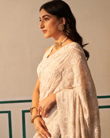 Ivory Georgette Saree with jaali-phal awadhi motifs