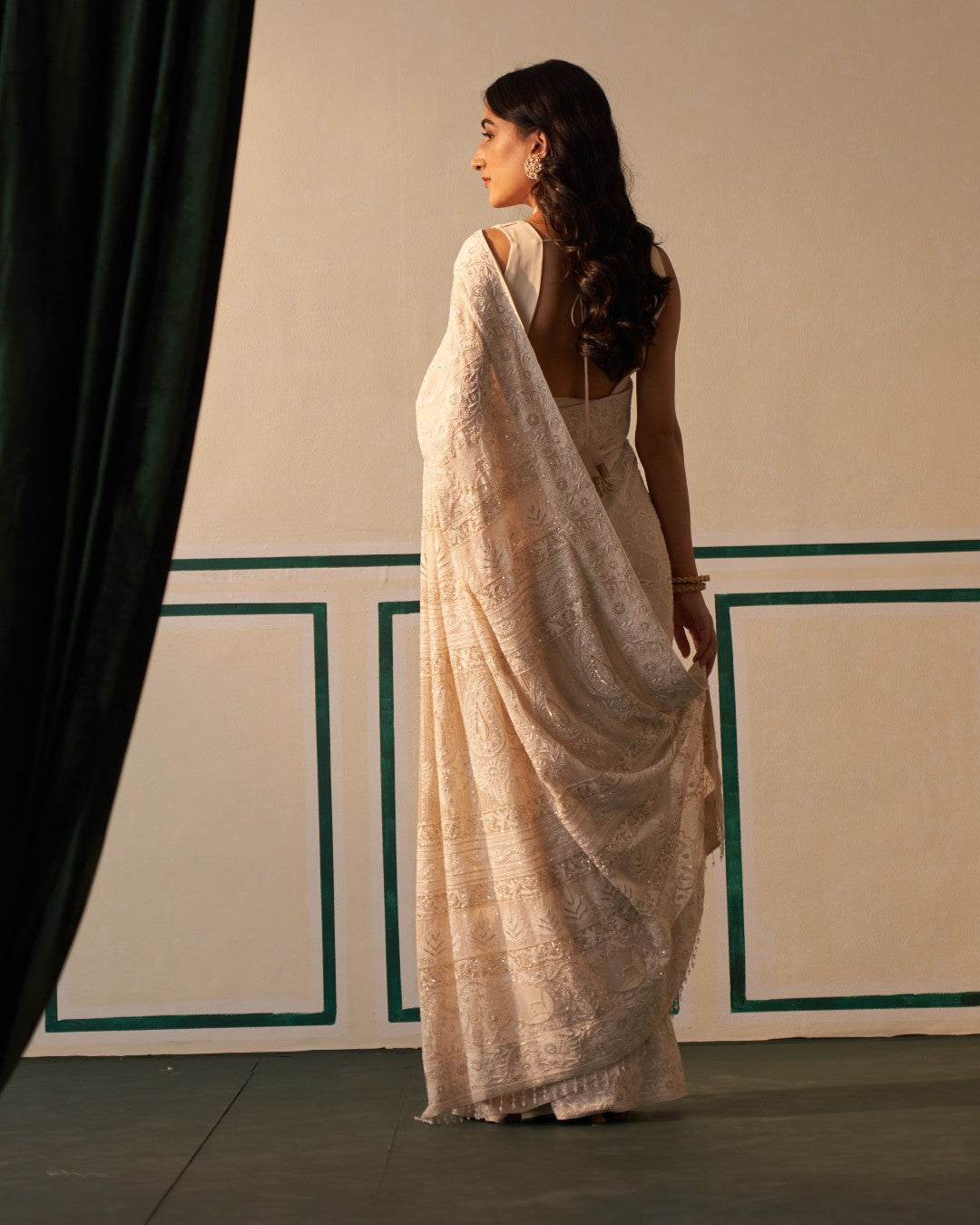 Ivory Georgette Saree with jaali-phal awadhi motifs