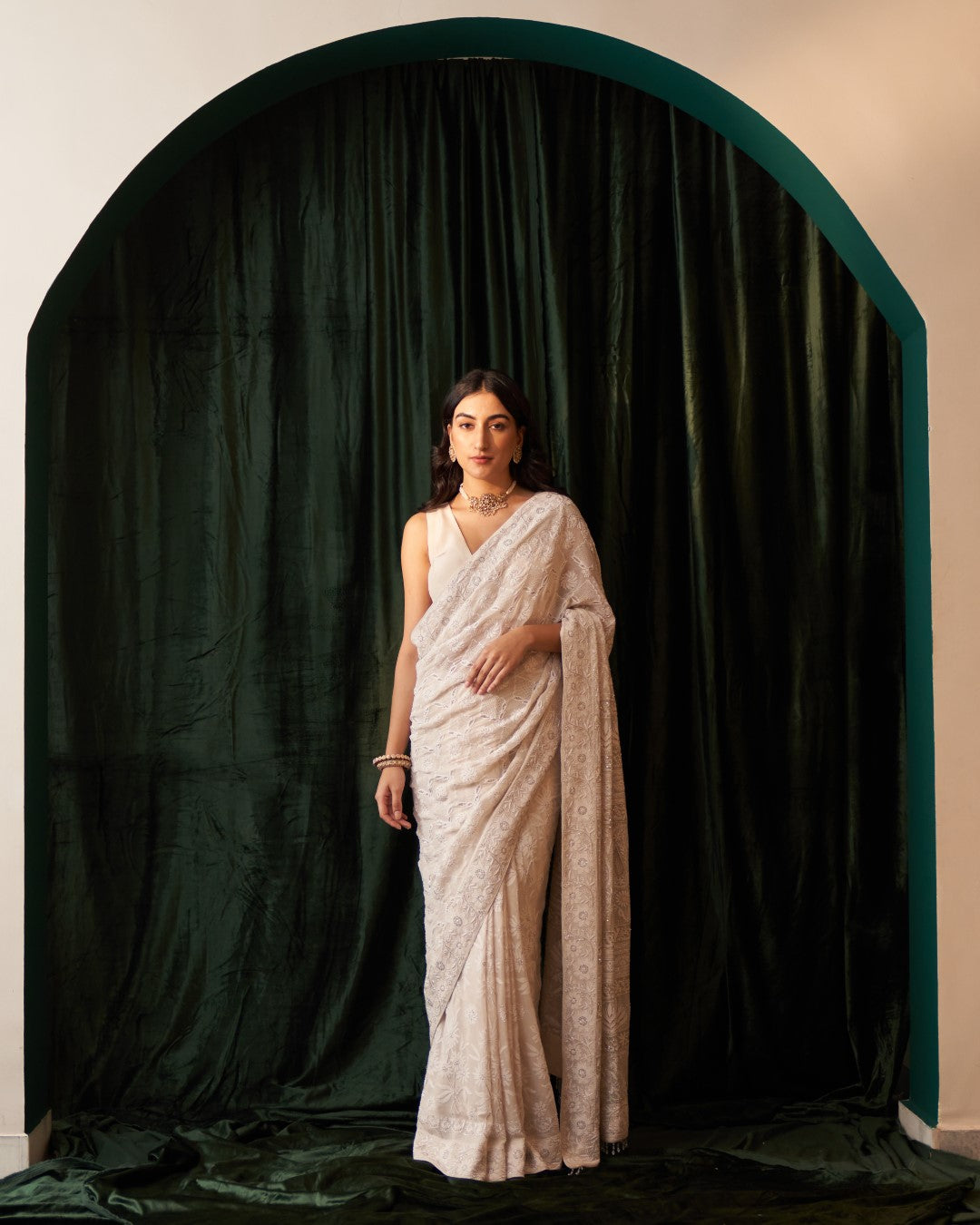 Ivory Georgette Saree with jaali-phal awadhi motifs