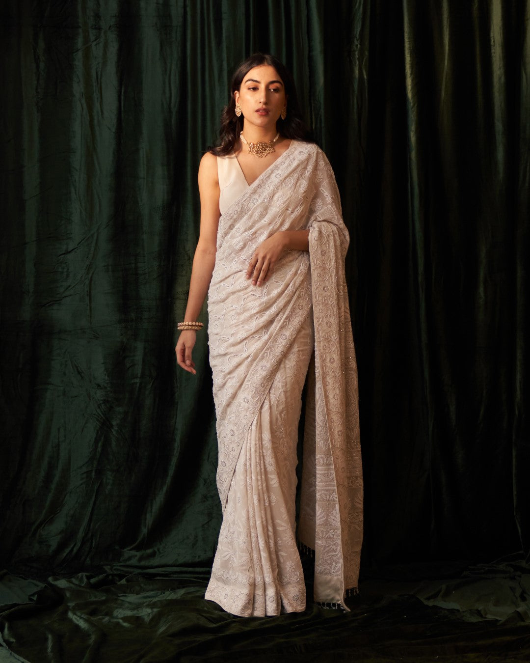 Ivory Georgette Saree with jaali-phal awadhi motifs