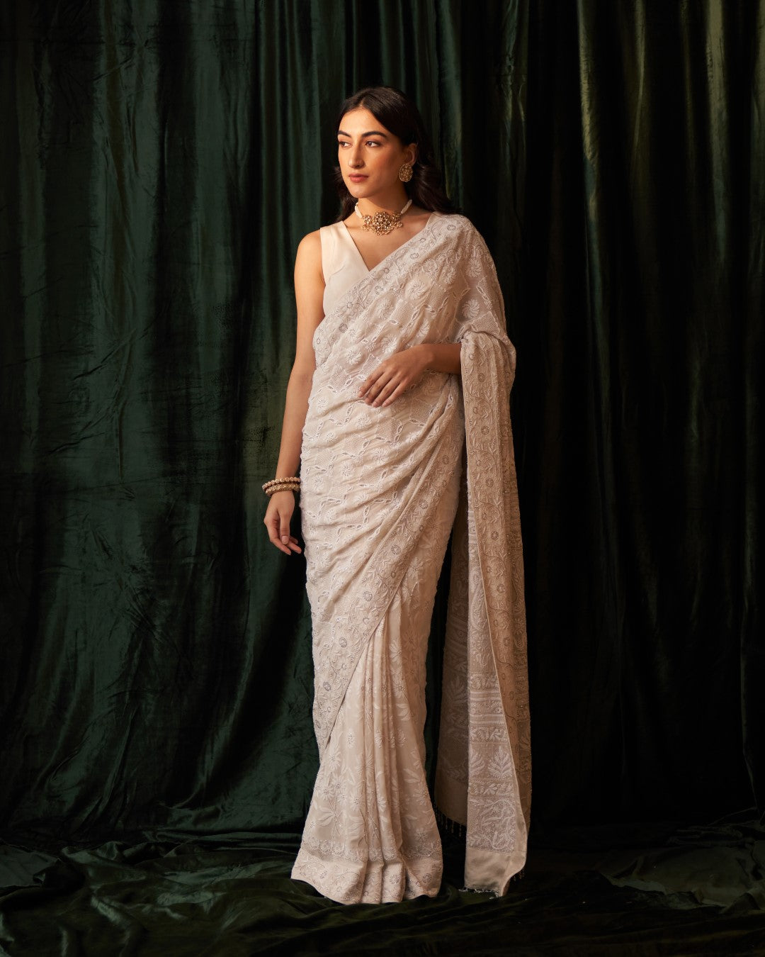 Ivory Georgette Saree with jaali-phal awadhi motifs