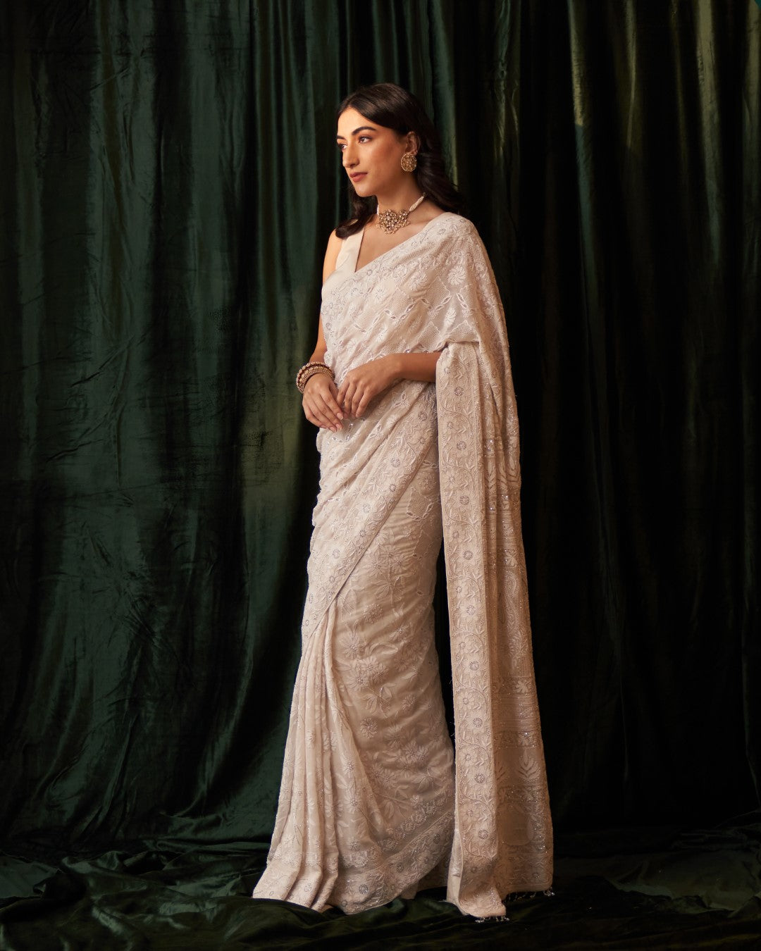 Ivory Georgette Saree with jaali-phal awadhi motifs