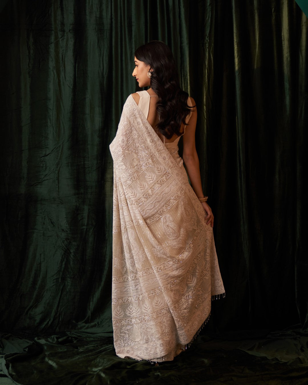 Ivory Georgette Saree with jaali-phal awadhi motifs