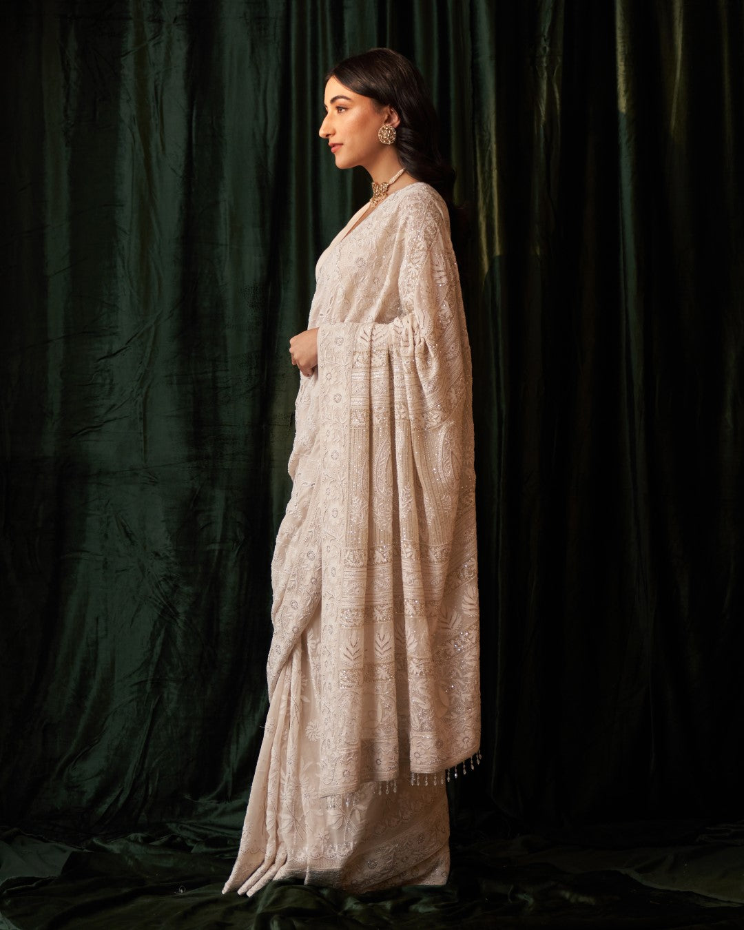 Ivory Georgette Saree with jaali-phal awadhi motifs