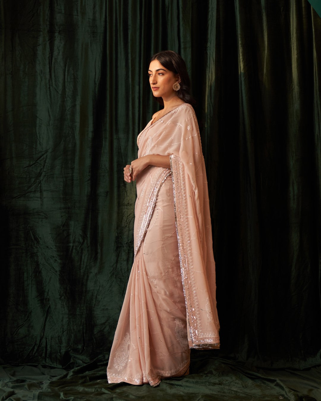 Peach Georgette Web Jaal Saree