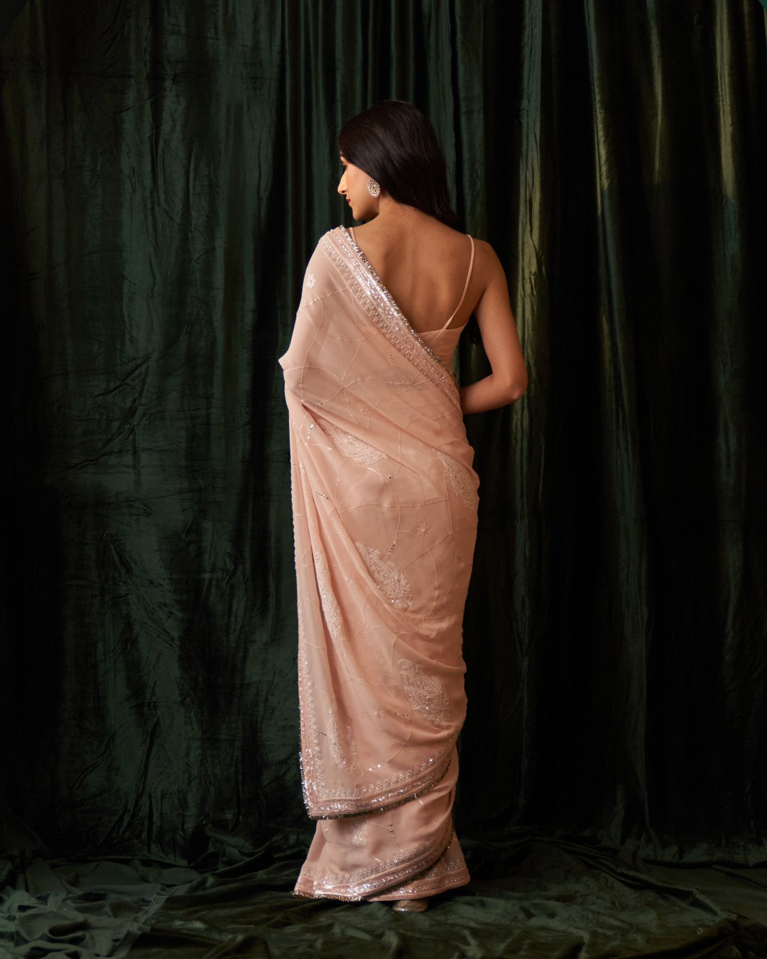 Peach Georgette Web Jaal Saree