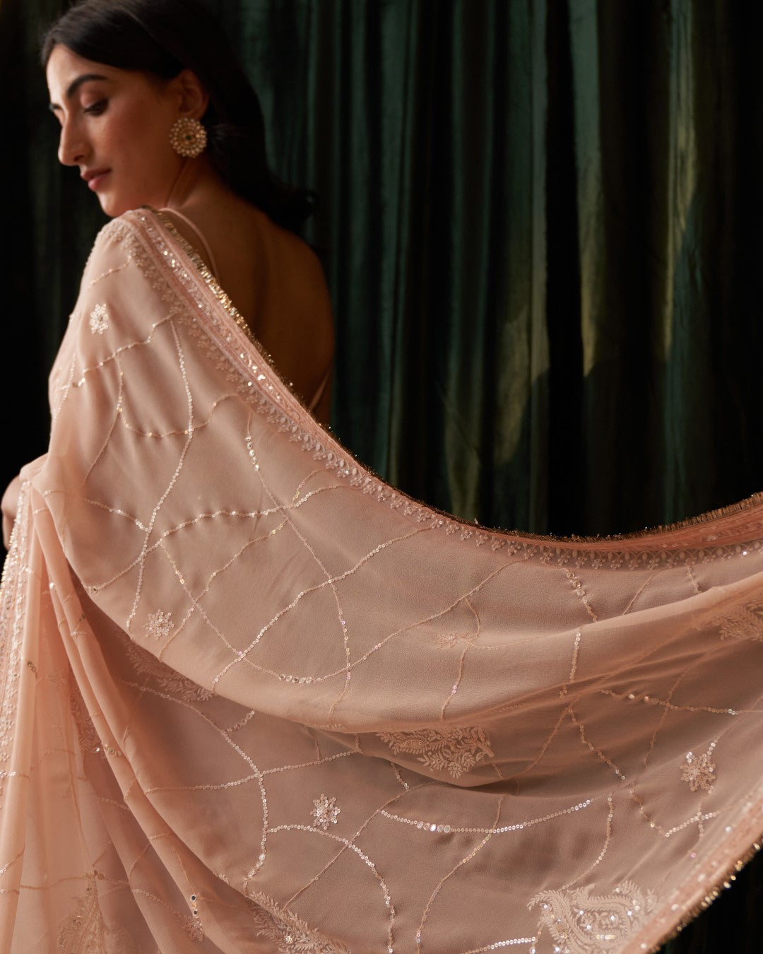 Peach Georgette Web Jaal Saree