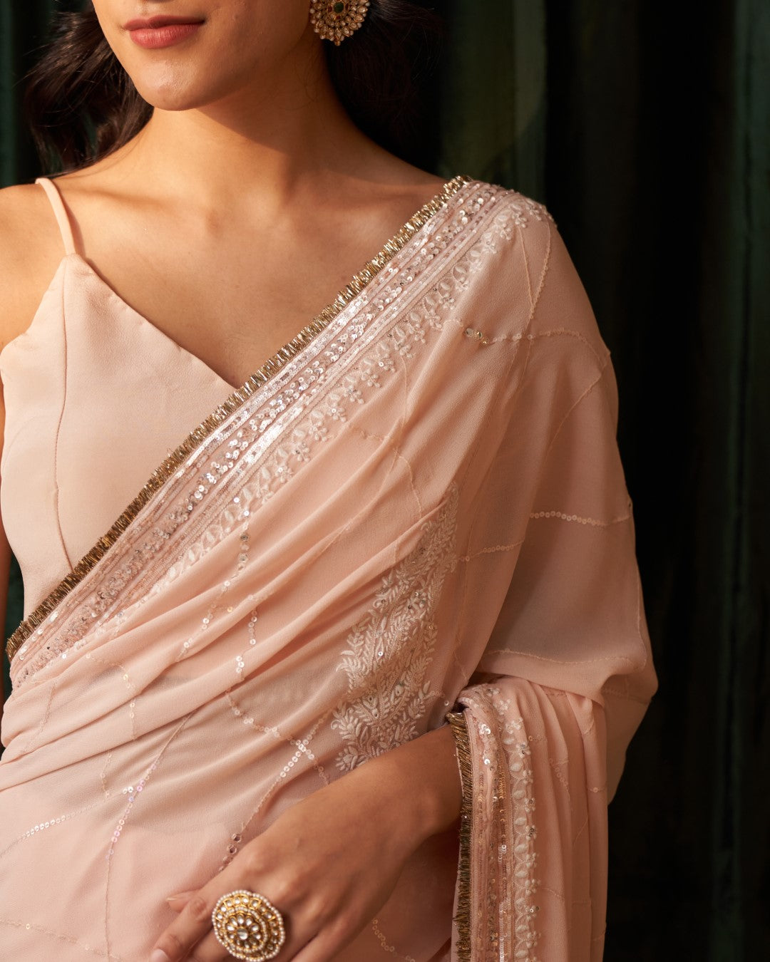 Peach Georgette Web Jaal Saree