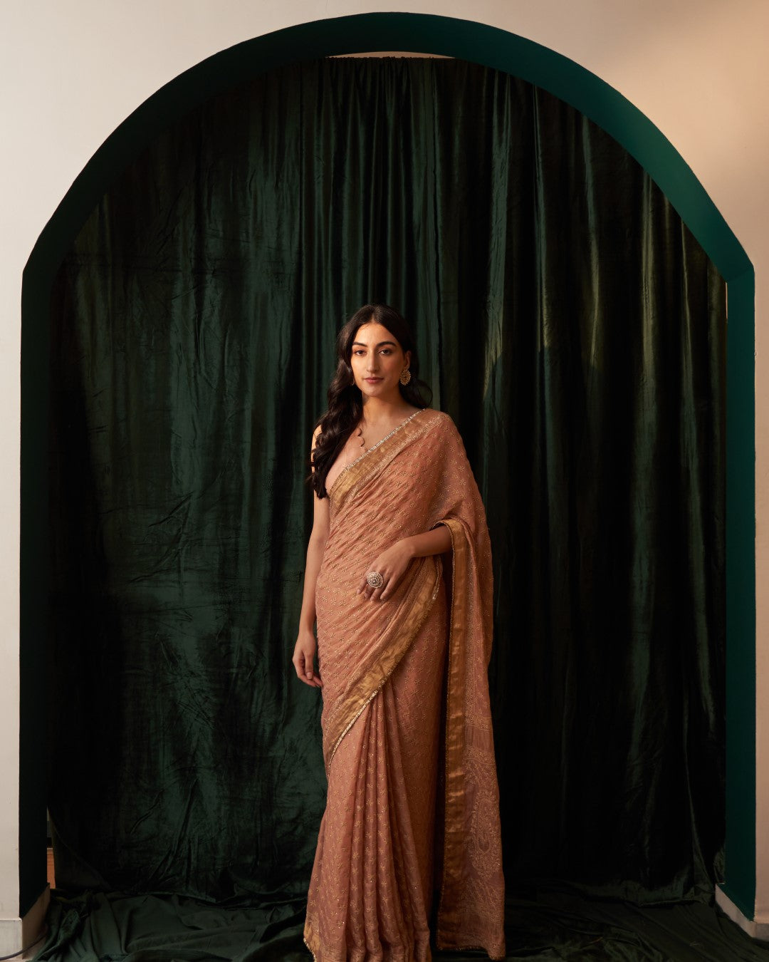 Peach Tissue chikankari and mukaish Saree