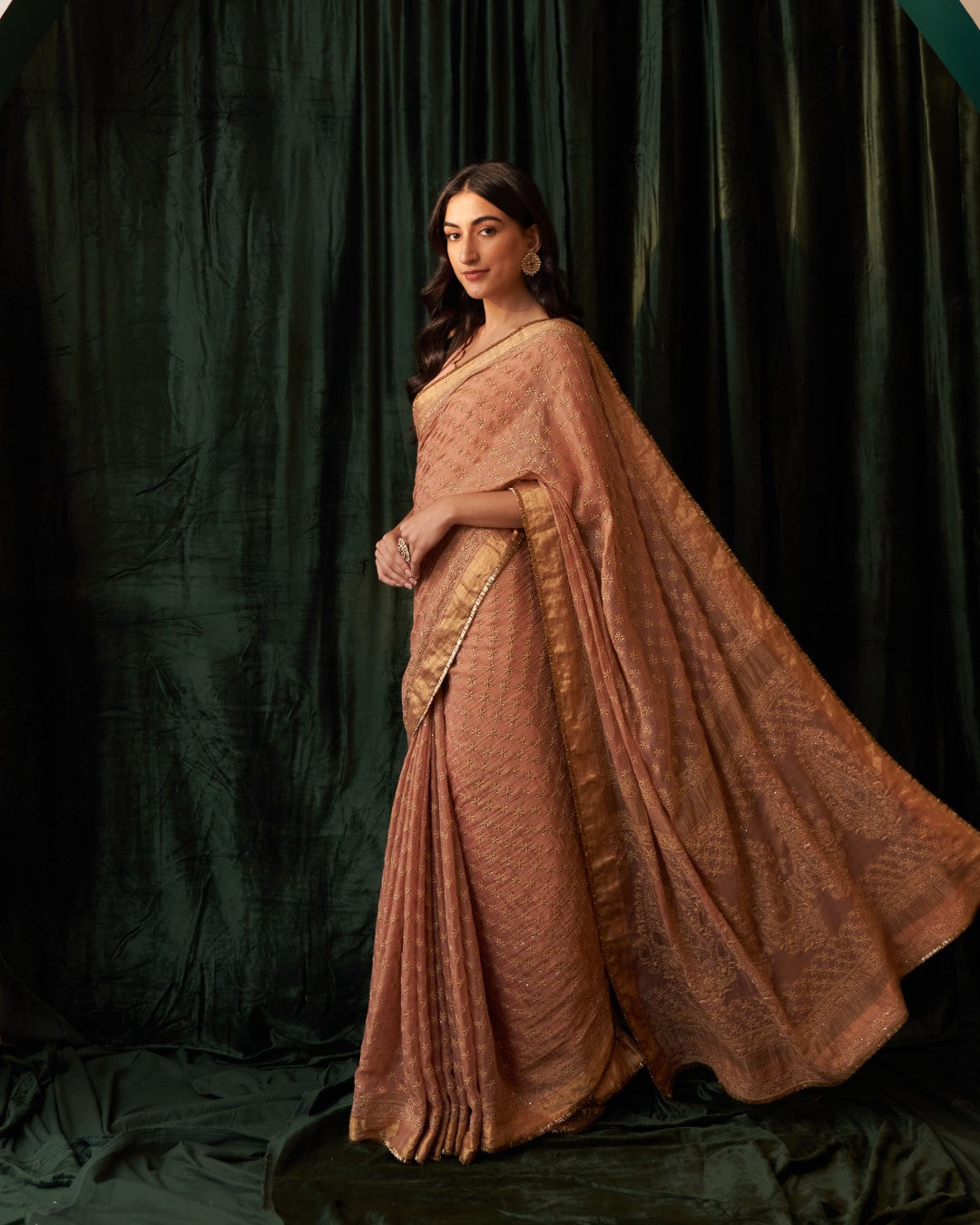 Peach Tissue chikankari and mukaish Saree