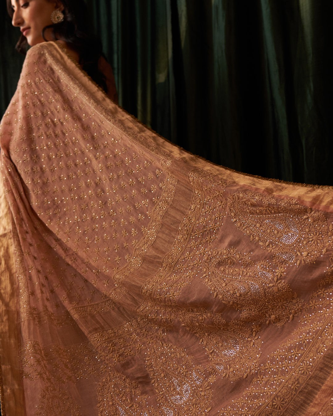 Peach Tissue chikankari and mukaish Saree