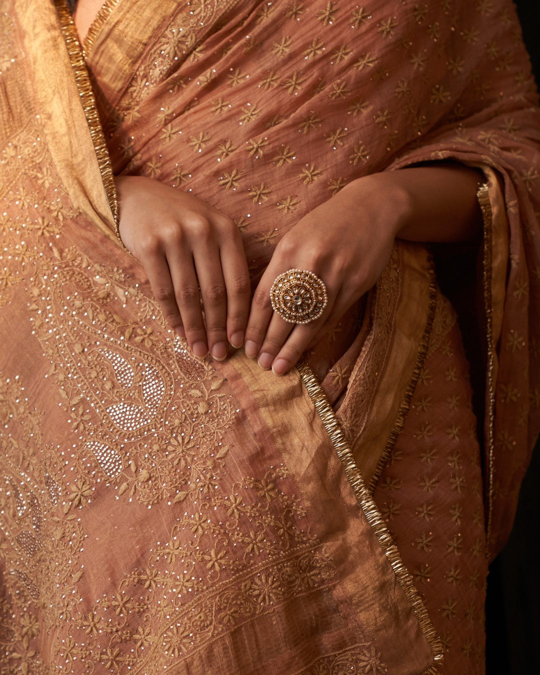 Peach Tissue chikankari and mukaish Saree