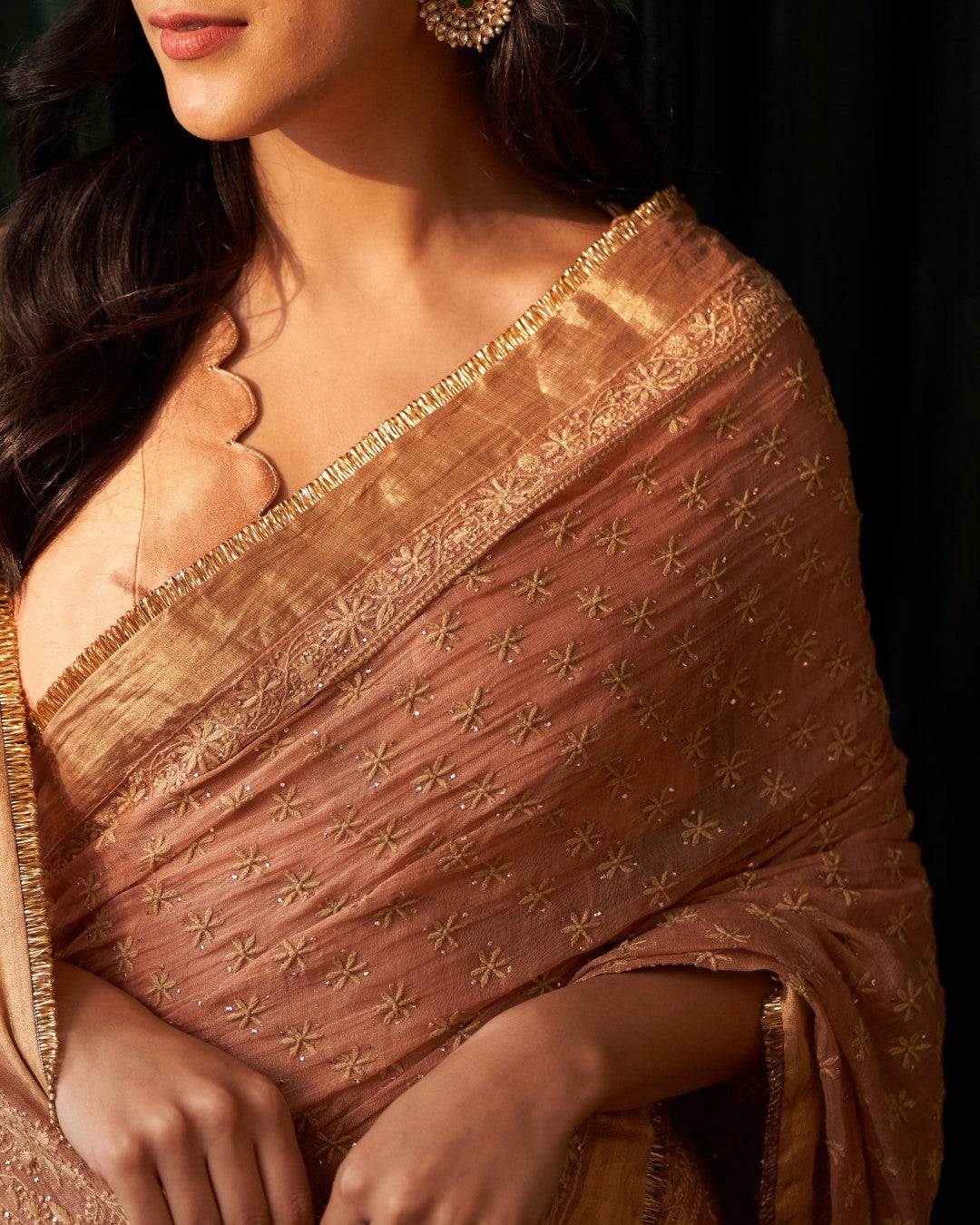 Peach Tissue chikankari and mukaish Saree