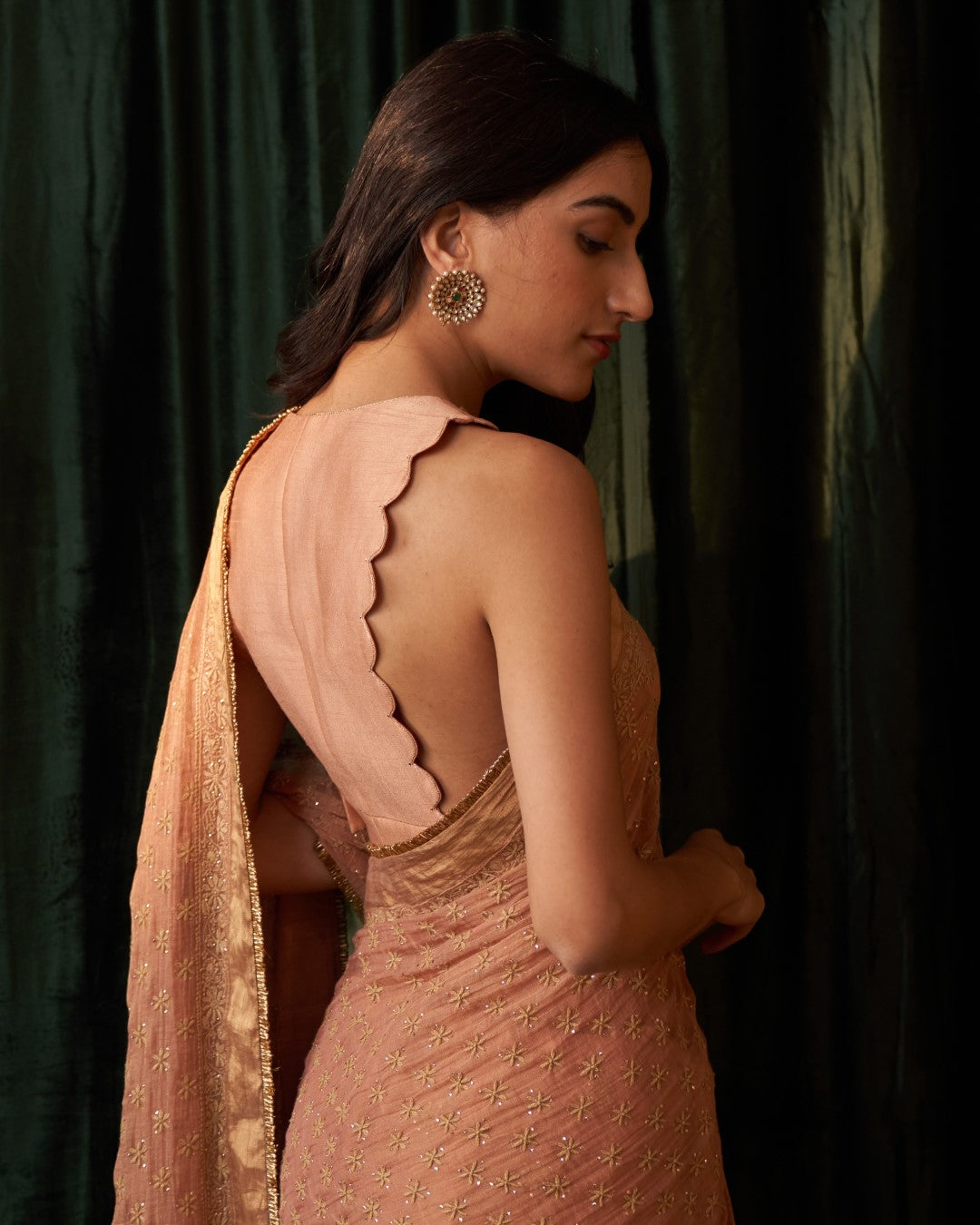 Peach Tissue chikankari and mukaish Saree