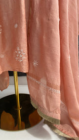 Peach Monga silk A-Line kurta set
