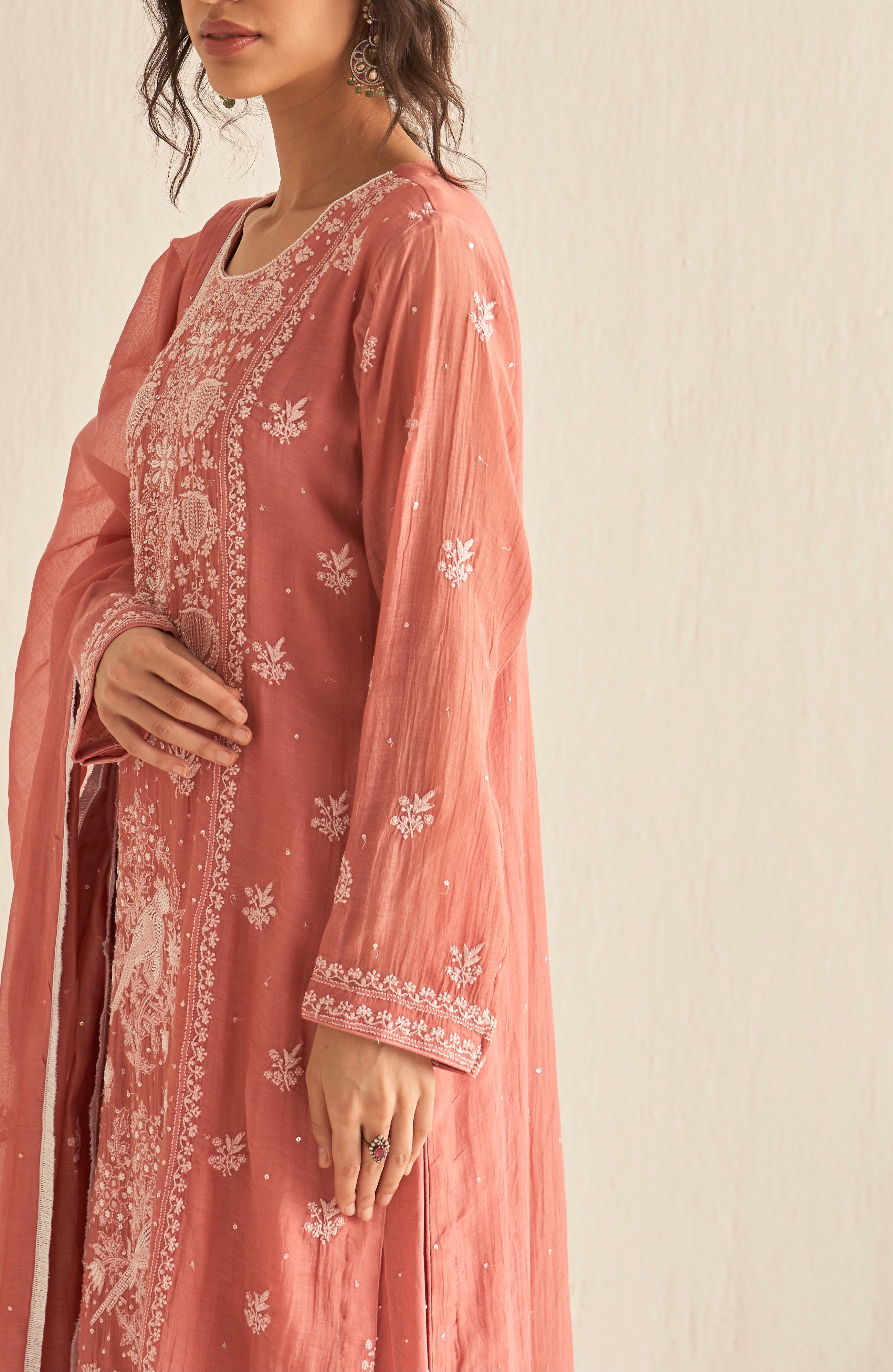 Pink mul chanderi chikankari straight kurta set