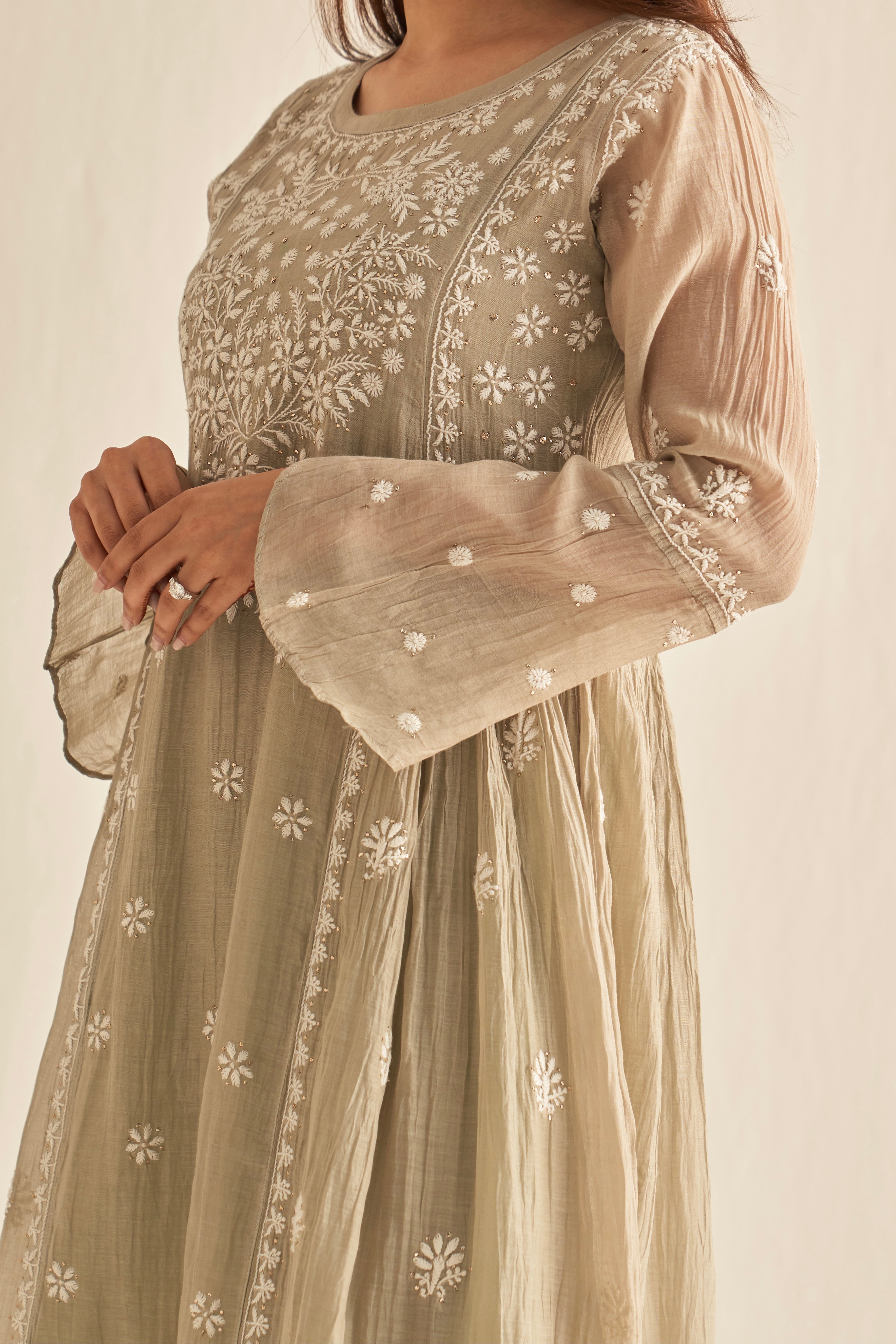 Olive green Chanderi chikankari tunic with mukaish work