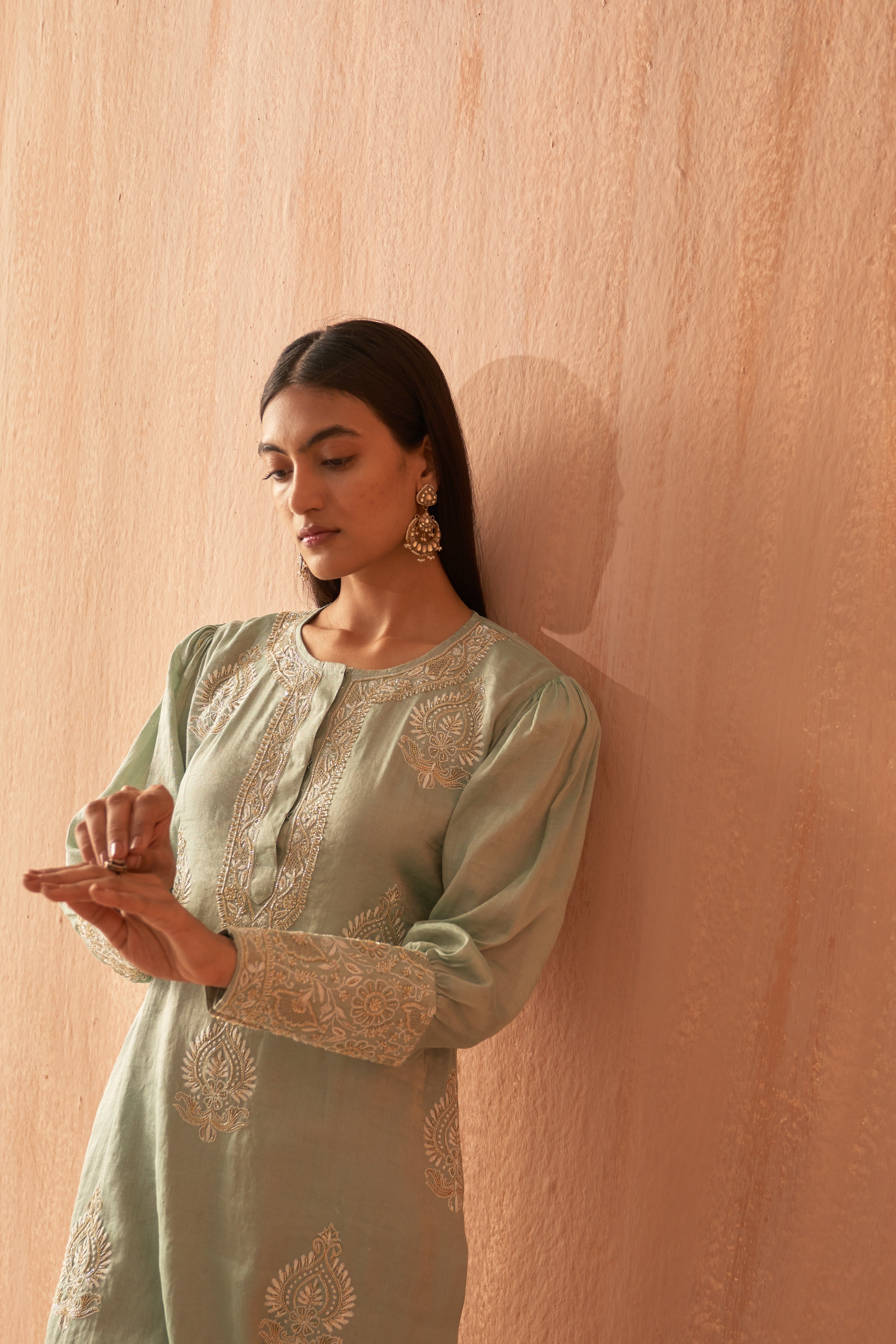 Mint tissue Chikankari and Zari kurta set